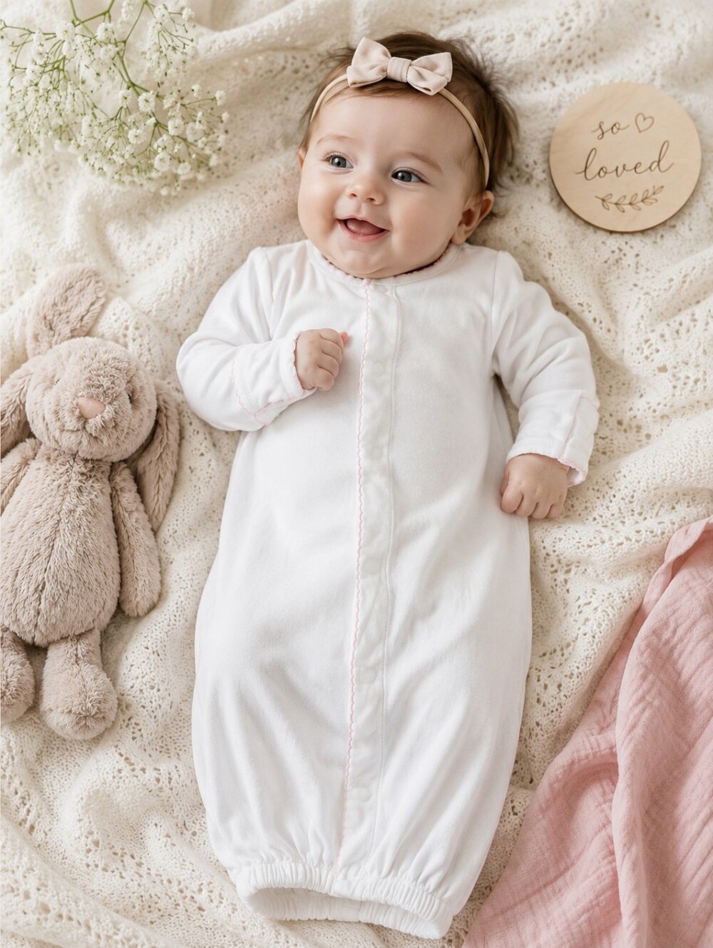 Magnolia Baby White Pima Cotton Gown | NB | Pink Picot Trim | Luxury Newborn Sle